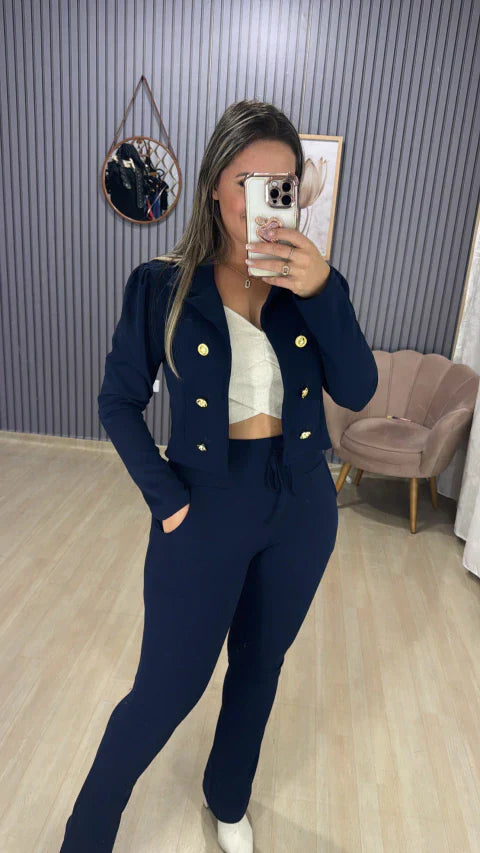 Conjunto calça blazer malha crepe